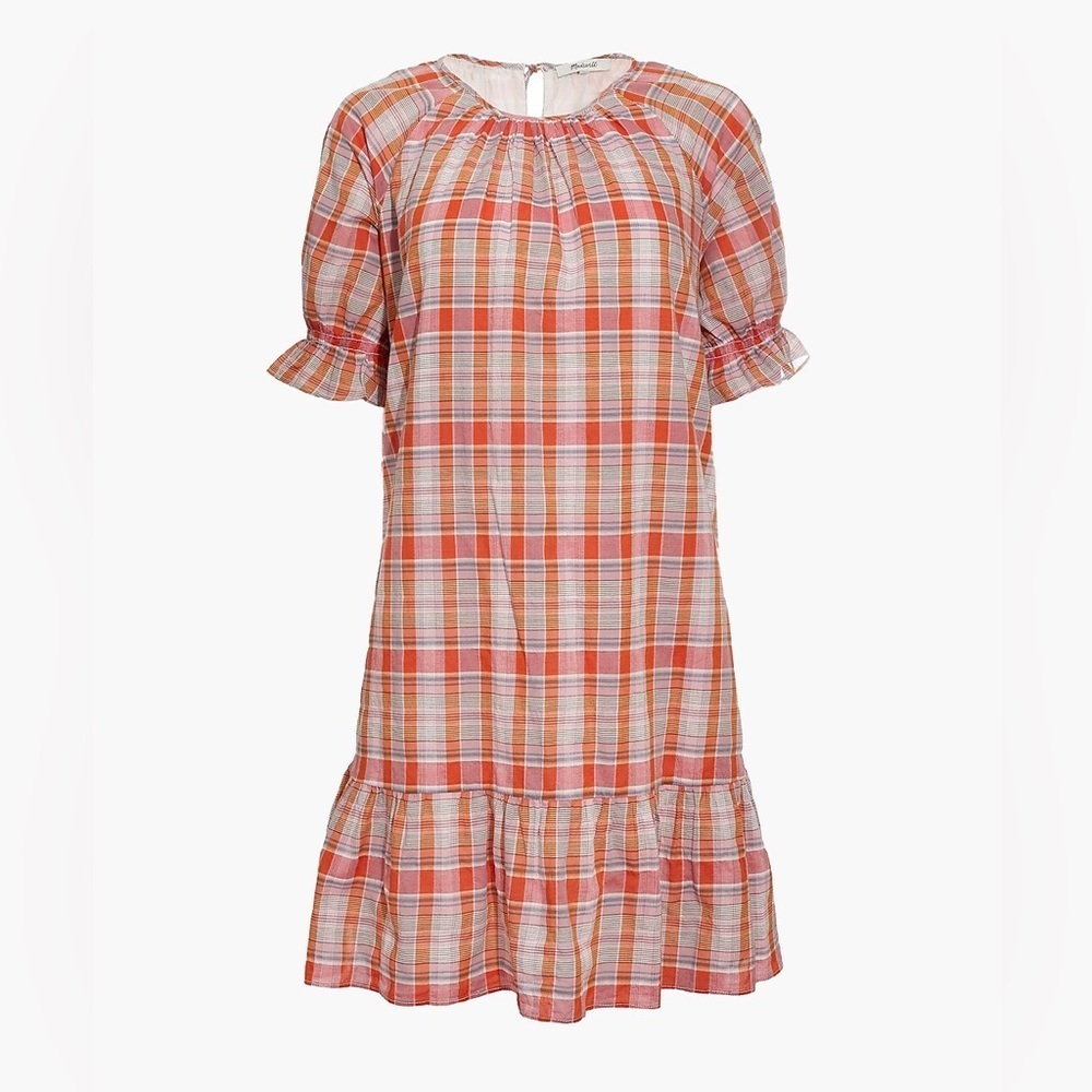 Madewell‎ Pink Orange Plaid Ruffle-Sleeve Popover Mini Babydoll Dress